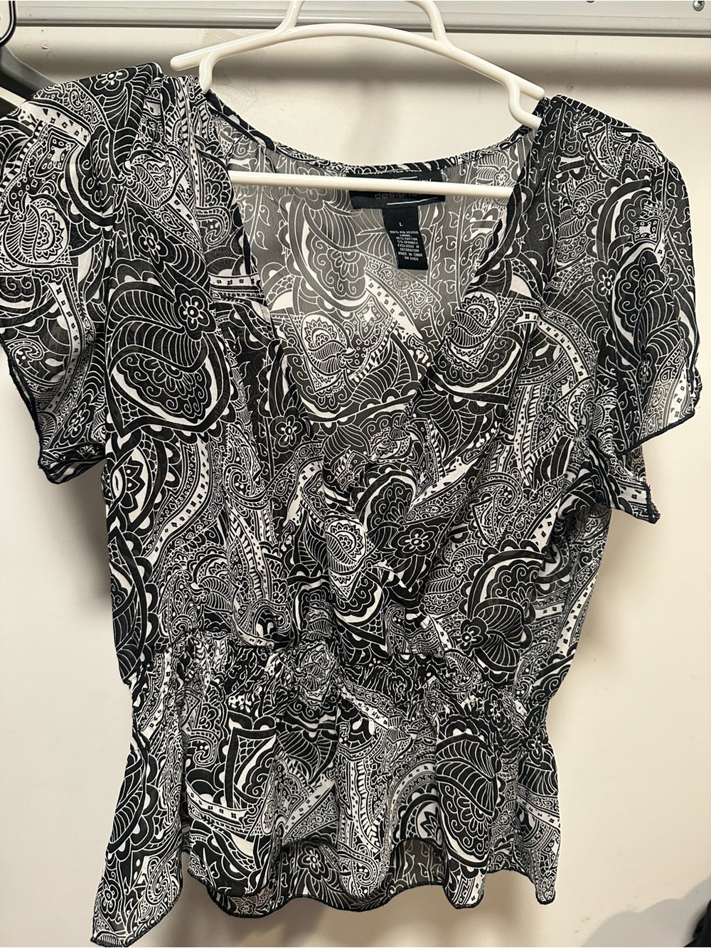 Black & White Paisley Wrap Blouse - Women's Top